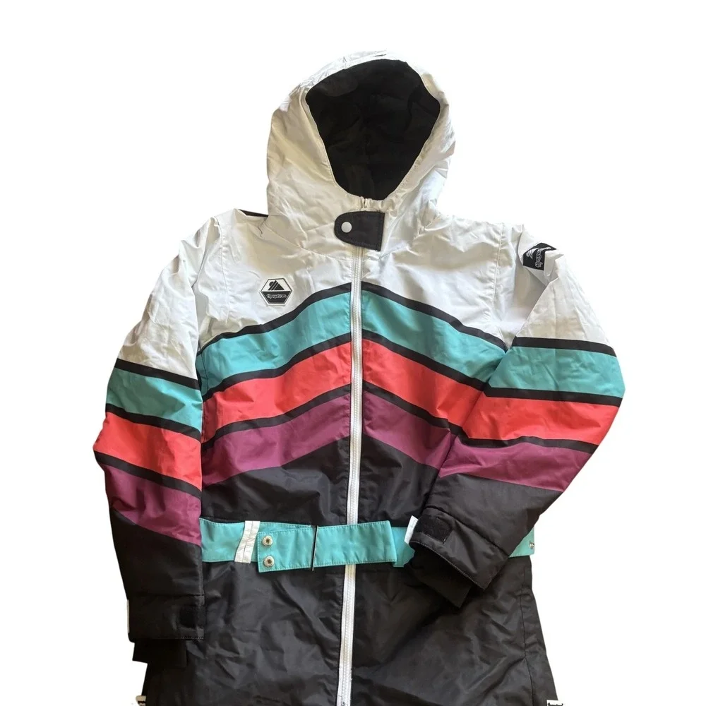 Tipsy Elves Ski Suit Mens Medium Black Striped One Piece Hooded Belted Snowsuit